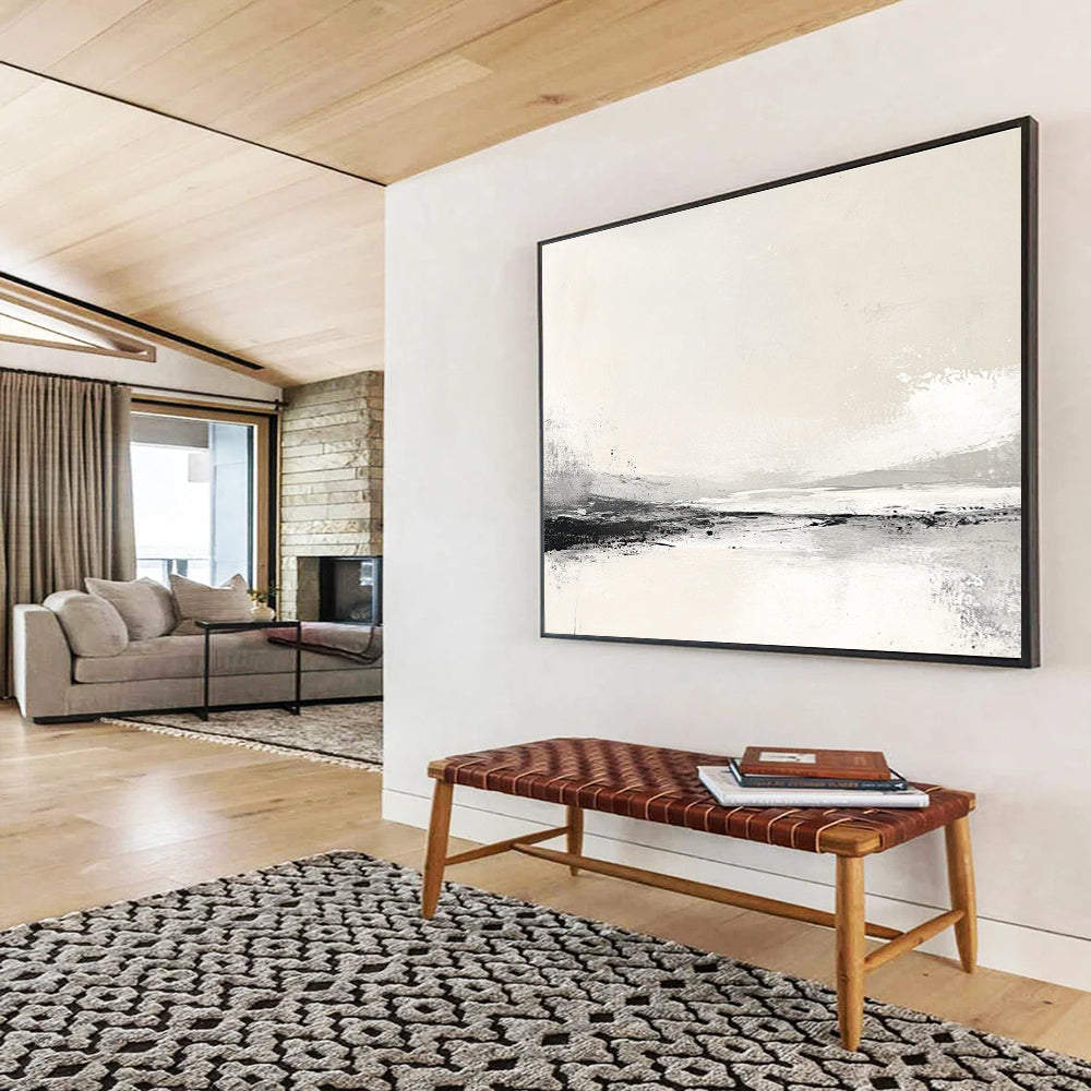 Large abstract painting inspired by the Arctic with neutral beige and grey tones creating a serene minimalist atmosphere.SC095
