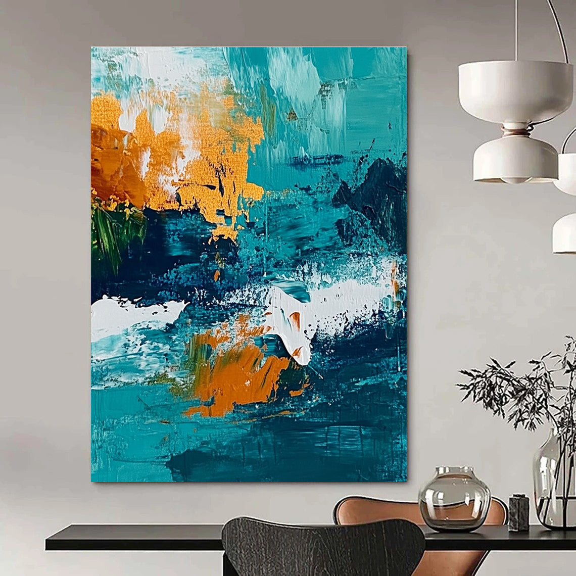 Large abstract painting of the ocean featuring a vibrant teal and amber color scheme with textured brush strokes.STSC705