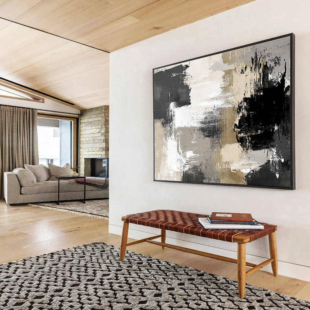 Large abstract painting in neutral gray beige and black tones featuring soft brushstrokes and elegant shapes perfect for contemporary home decor.SC507