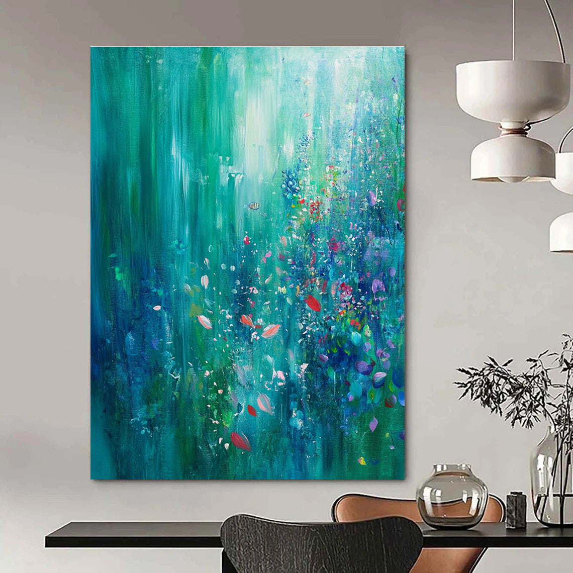 Large abstract painting of an underwater garden with turquoise emerald hues coral reef soft light small fish and colorful bubbles for a tranquil effect.STSC273