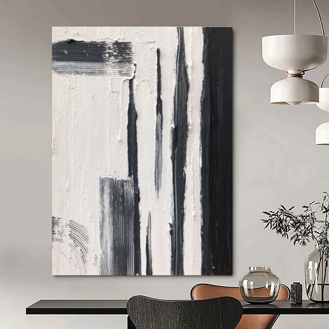 Black and White Vertical Strokes Abstract Painting ADGE367