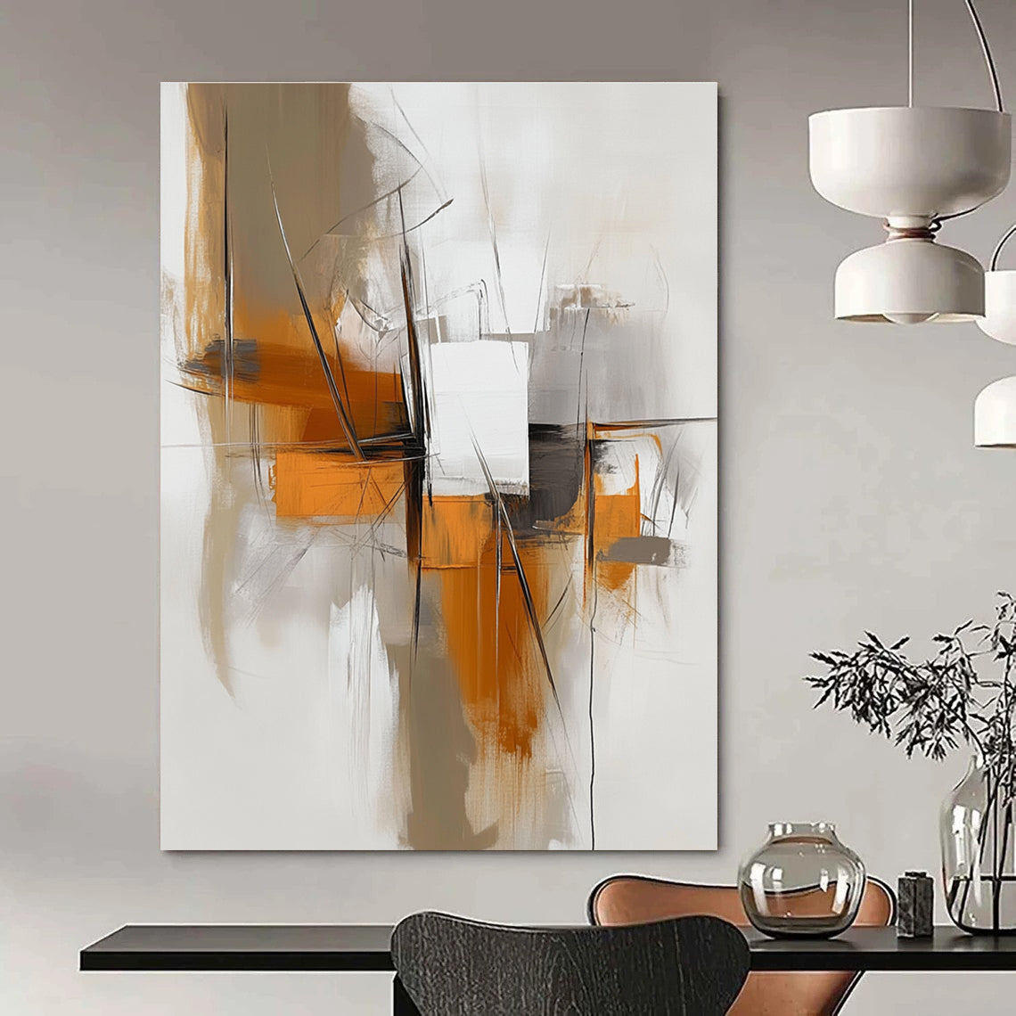 Large abstract painting featuring white and orange tones with minimalist lines in beige and grey creating a calming flow.STSC842
