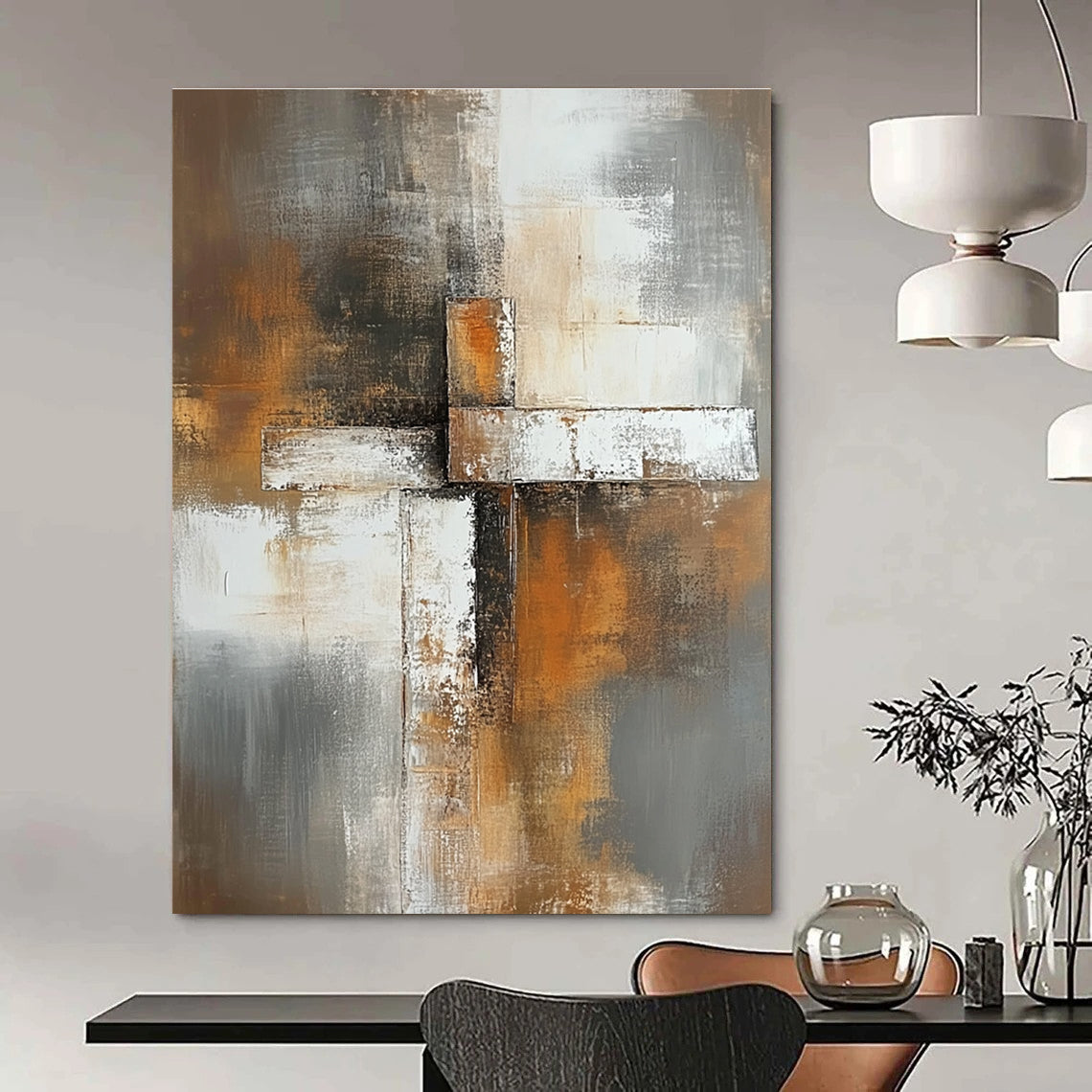 Abstrakt painting featuring soft gray brown and white tones with a blurred background and an elegant square cross in the foreground.STSC811