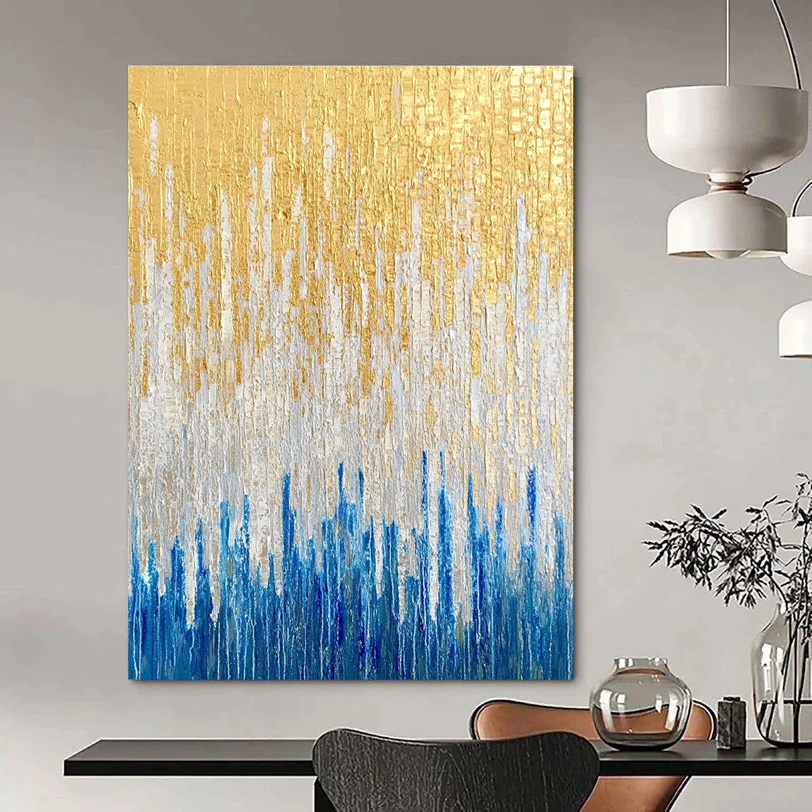 Large abstract oil painting featuring golden blue and white vertical lines against a textured neutral background.STSC163