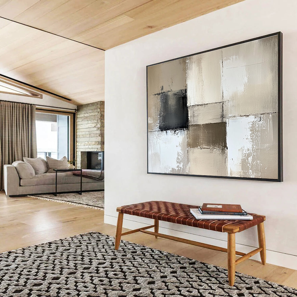 Large abstract painting in beige and white with textured brush strokes and gray accents, perfect for enhancing neutral wall decor.SC369