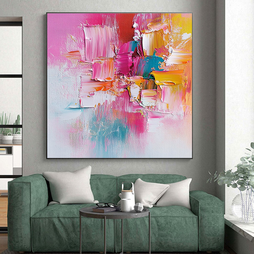 Pink Orange and Teal Abstract Painting with Textured Patches GER487