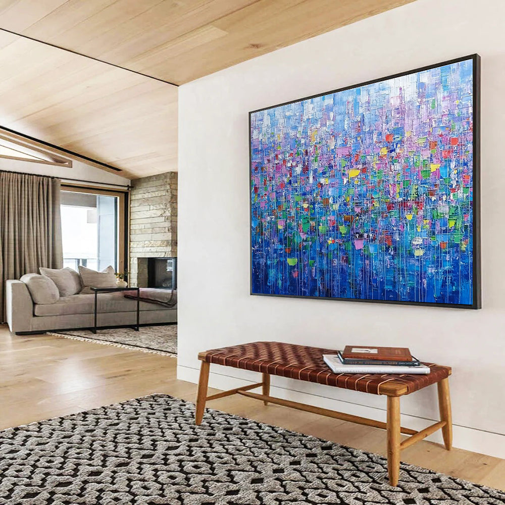 Large abstract painting of an urban landscape created with colorful squares and lines resembling small flowers in vibrant shades.SC474