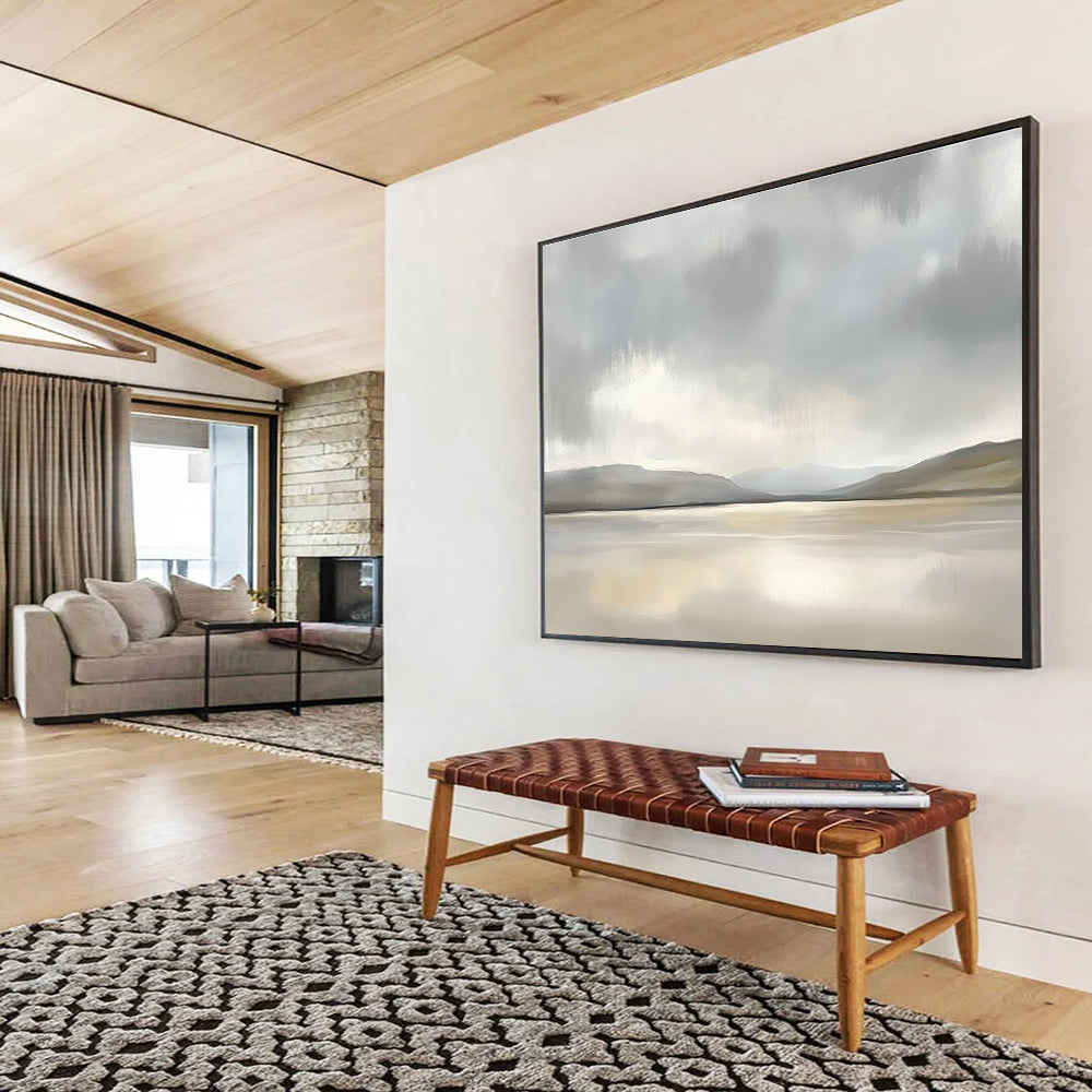 Minimalist Lake Scene Abstract Painting with Grays and Beiges DYP233