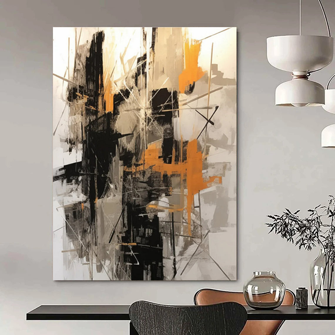 Black, Gray, and Orange Abstract Painting with Intersecting Lines ADGE116