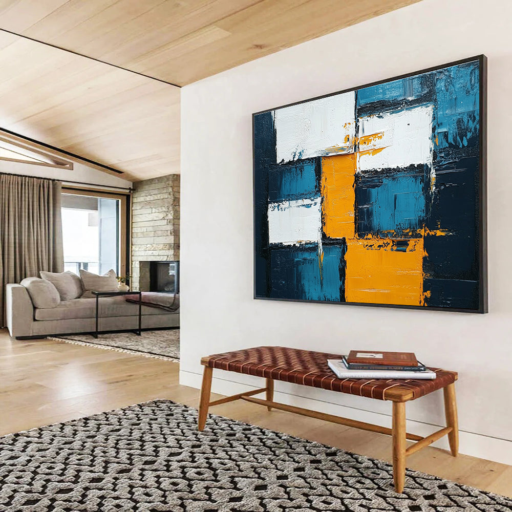 Large abstract painting featuring blue, white, and yellow squares with thick impasto texture, embodying bold expressionism for any modern space.SC122