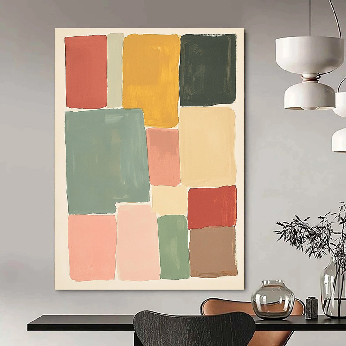 Large abstract painting featuring muted colors and soft hues in thick block shapes of sage green pink red and yellow against a white background.STSC1361