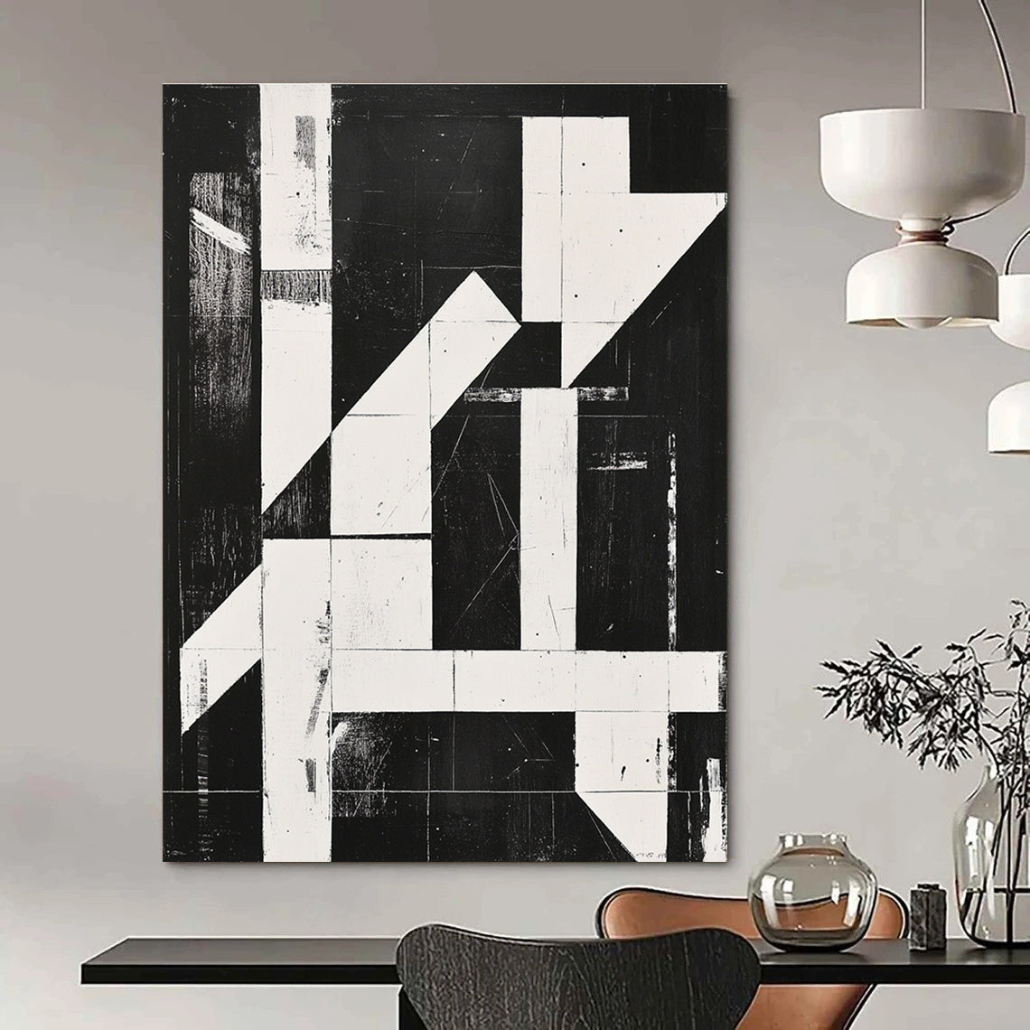 Large abstract painting with high contrast black and white lines and shapes featuring bold textured elements in a minimalist grid composition.STSC1279