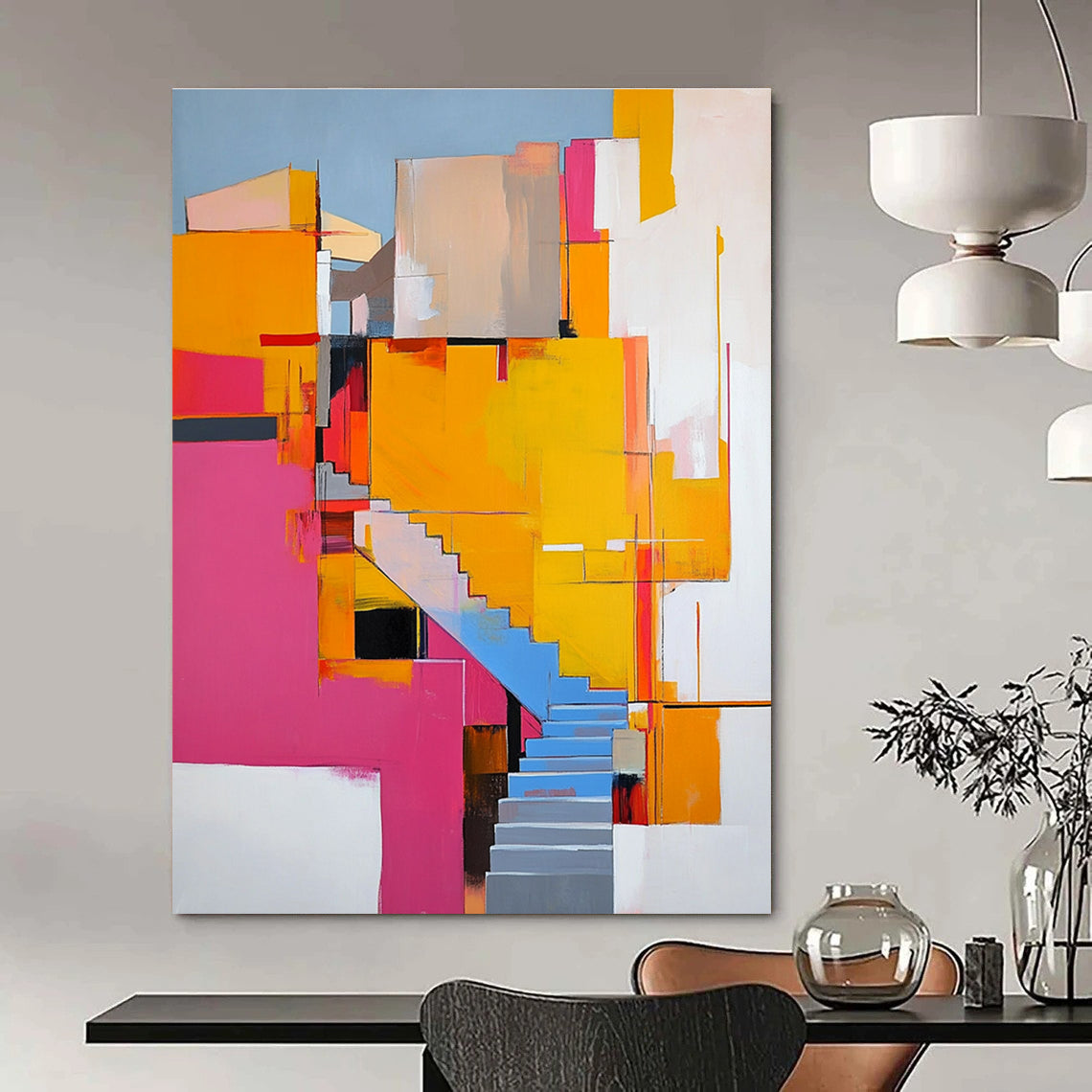 Abstract painting featuring vibrant pink yellow and orange architectural elements with stairs and ample white space around it.STSC668