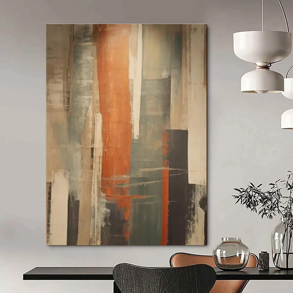Vertical Color Streaks Abstract Painting with Orange, Gray, and Beige ADGE113