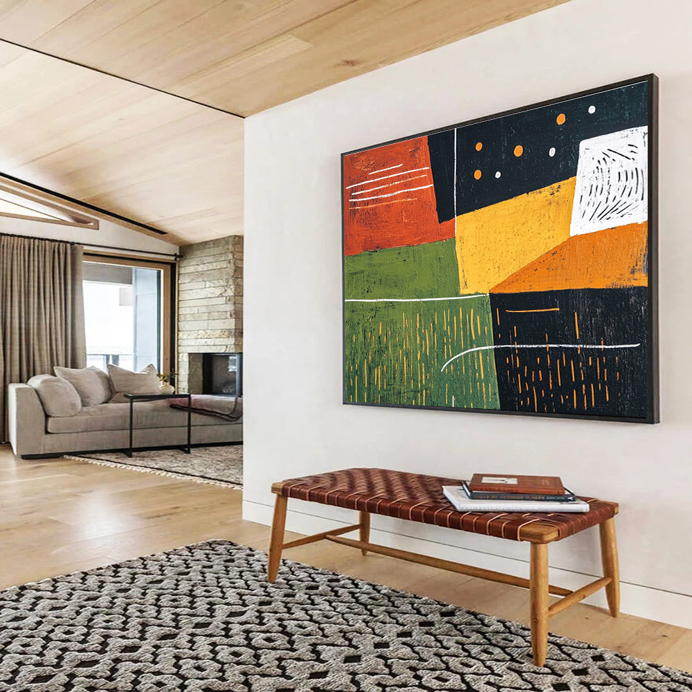 This large abstract painting features bold green orange and black shapes with a dark red background and geometric figures evoking movement and freedom.SC520