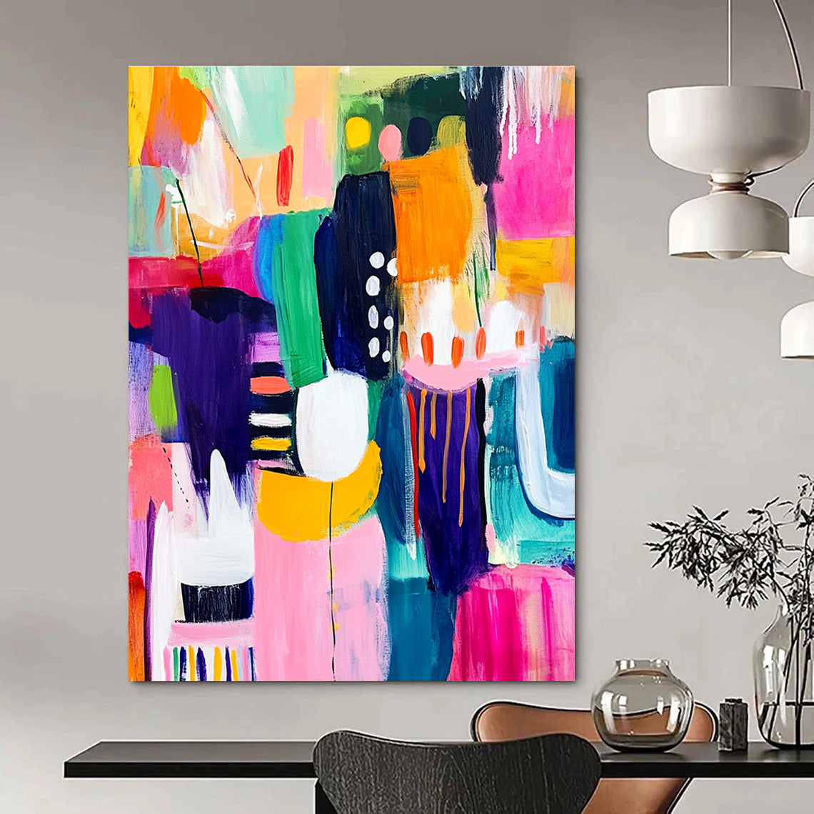 A large abstract painting bursting with vibrant colors and dynamic shapes representing happiness creativity and playful celebration in an art gallery setting.STSC1219
