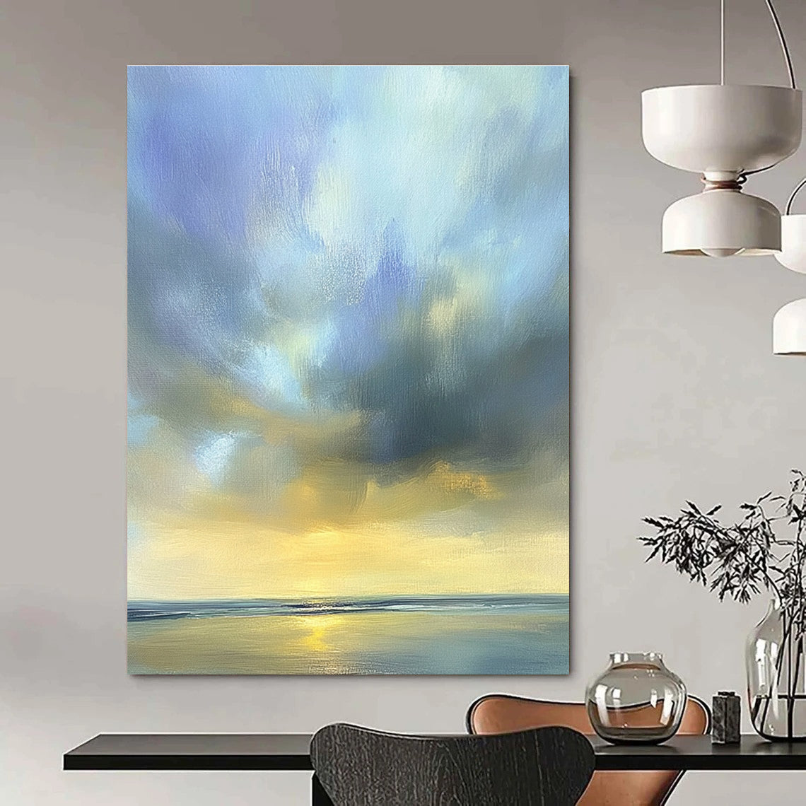 Large abstract oil painting of the sky featuring muted blue light gray and soft clouds over an ocean horizon in beautiful serene colors.STSC201