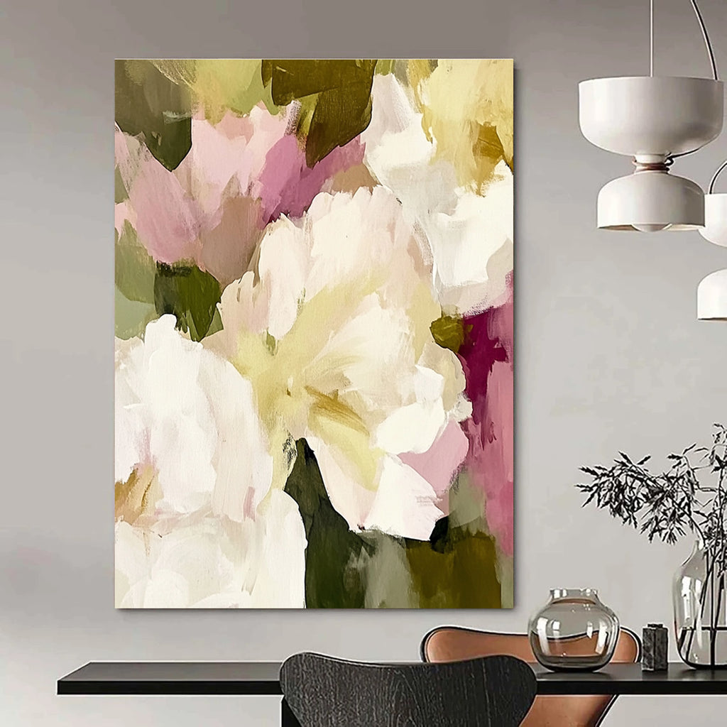 Large abstract painting featuring soft pinks whites and cream colors with loose brushstrokes of white peonies cream roses and sage green foliage.STSC055