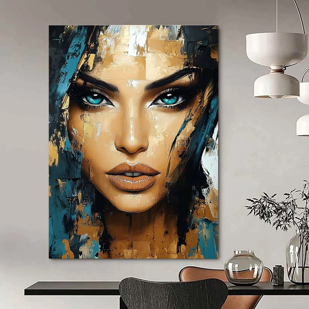 Abstract portrait of a beautiful woman with turquoise eyes and gold accents featuring expressive brush strokes and intricate details in the style of Ismail Inceoglu.STSC456