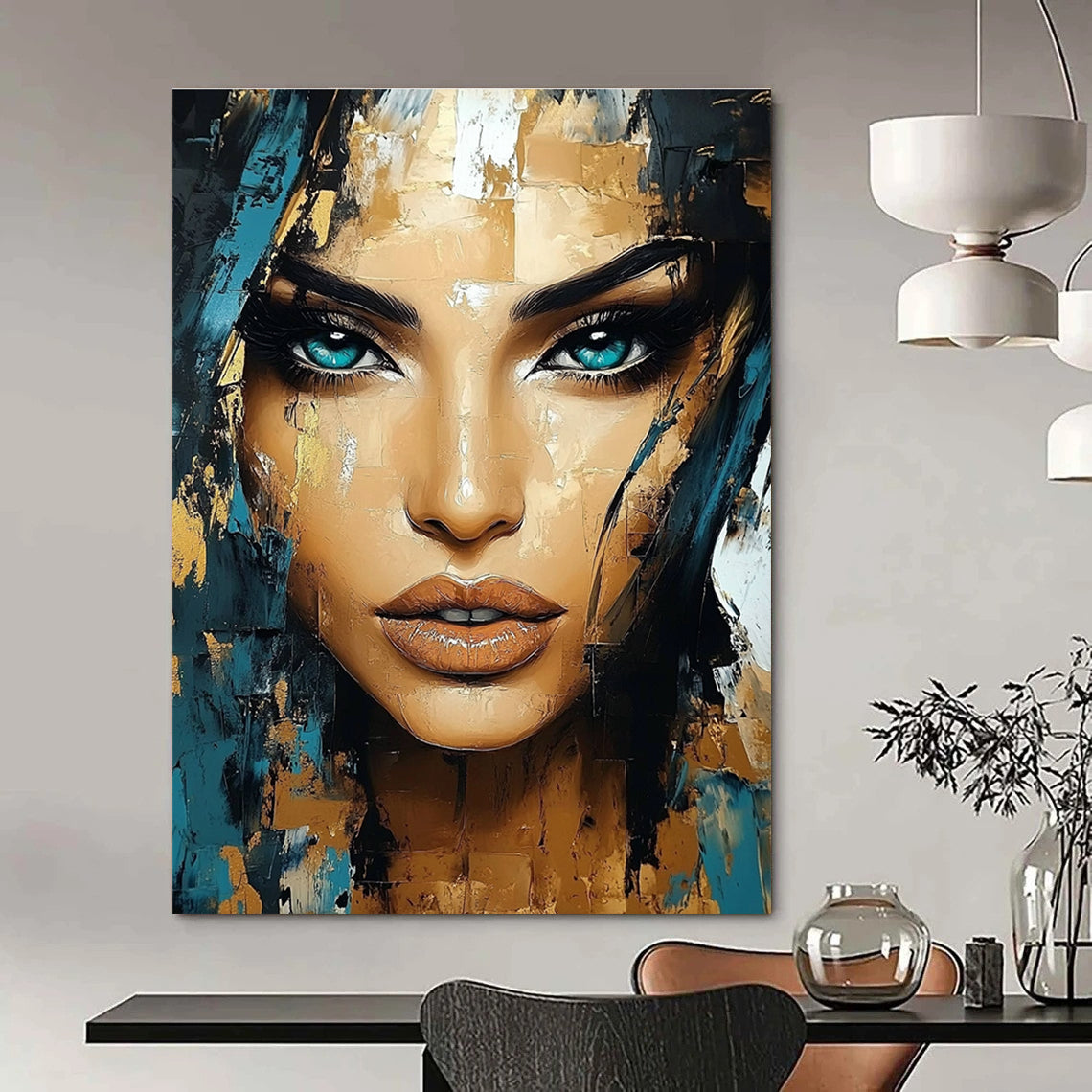 Abstract portrait of a beautiful woman with turquoise eyes and gold accents featuring expressive brush strokes and intricate details in the style of Ismail Inceoglu.STSC456