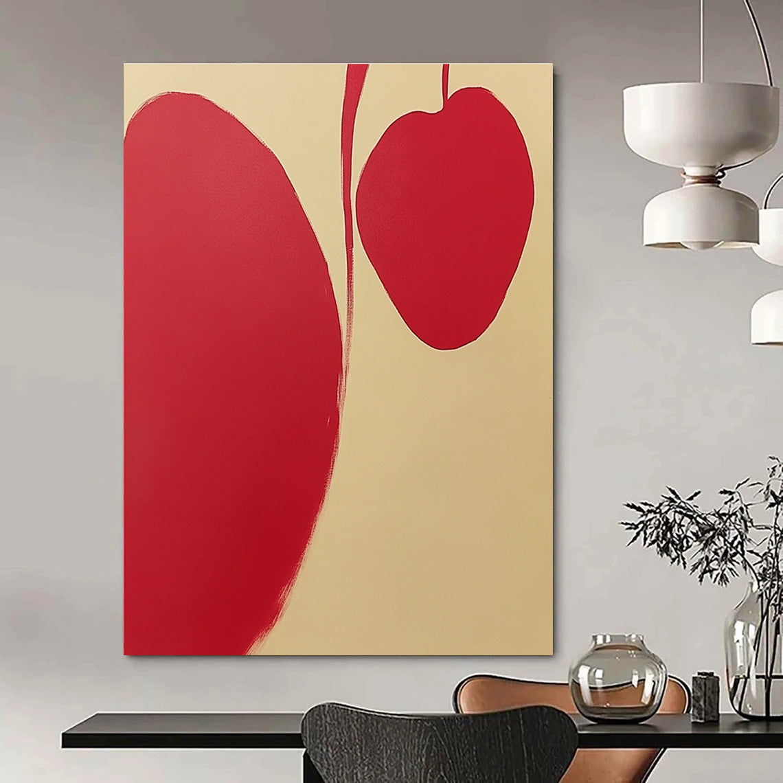 Abstract painting featuring red and cream-white background with two minimalist apple petal shapes and clean lines without shadows.STSC1105