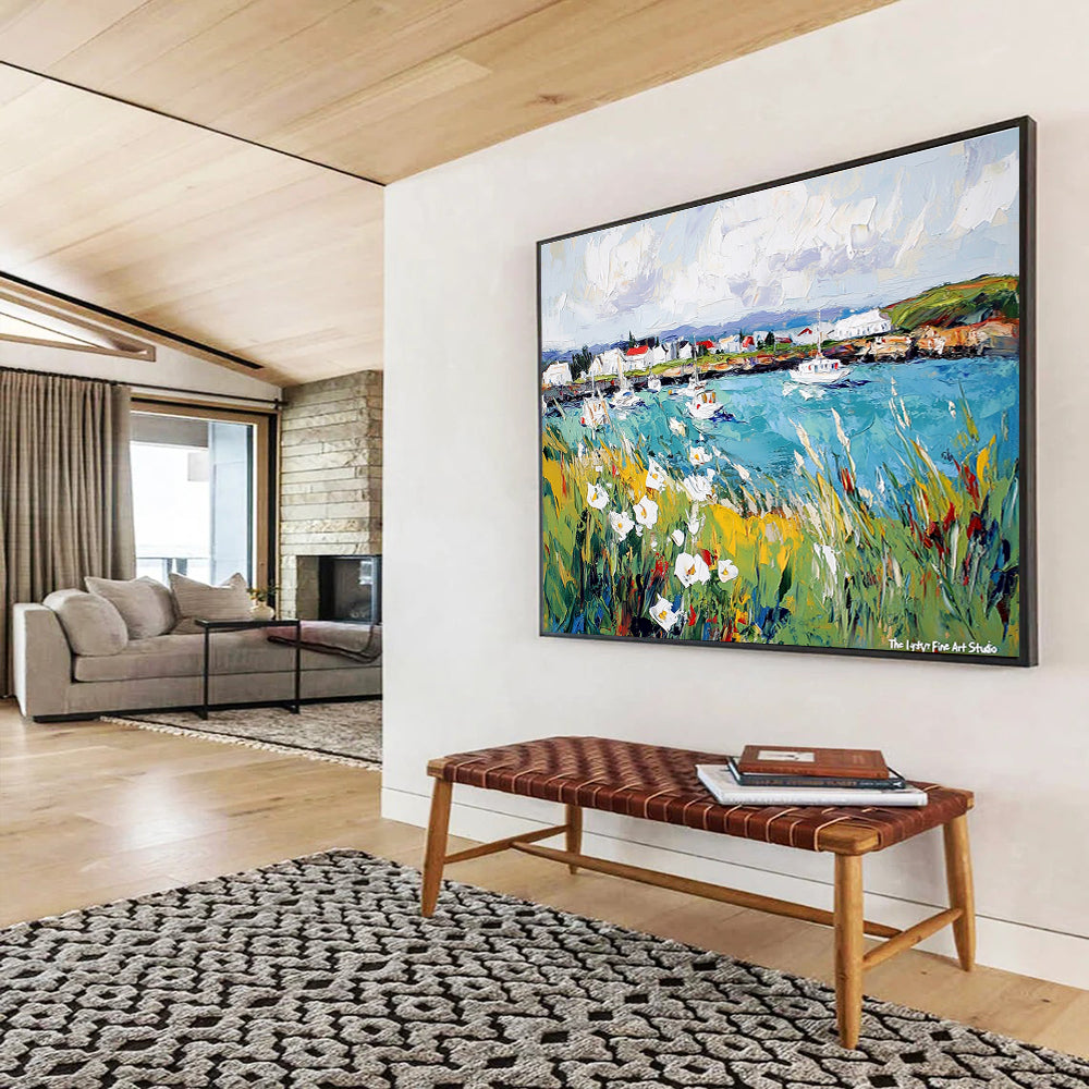 A large abstract painting of Reykjavik's harbor featuring vibrant boats and blooming wildflowers against a lively sky, showcasing nature's harmony with human creation.SC527