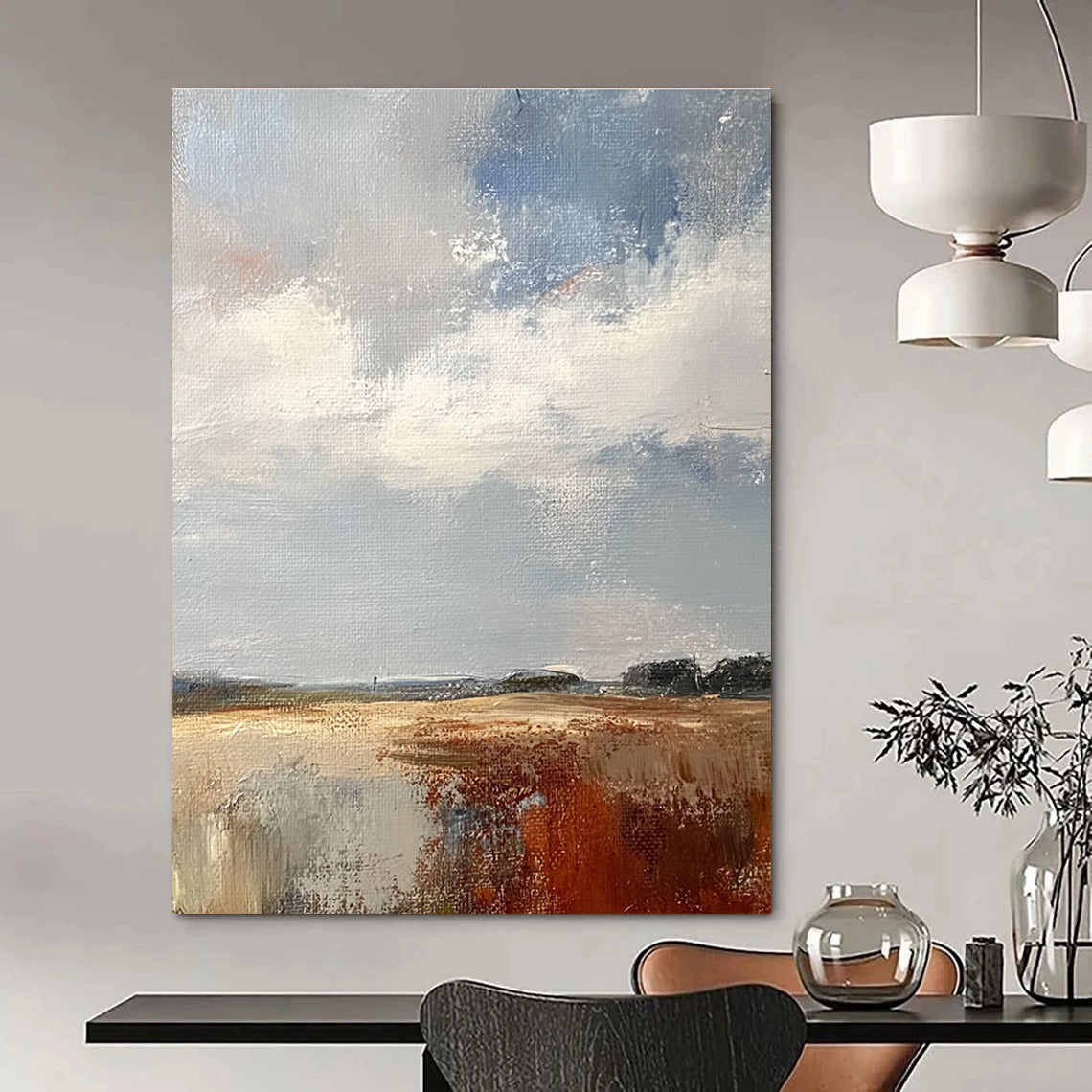 Large abstract painting featuring a white sky grey and brown clouds over the English countryside in muted colors and textured brushwork.STSC172