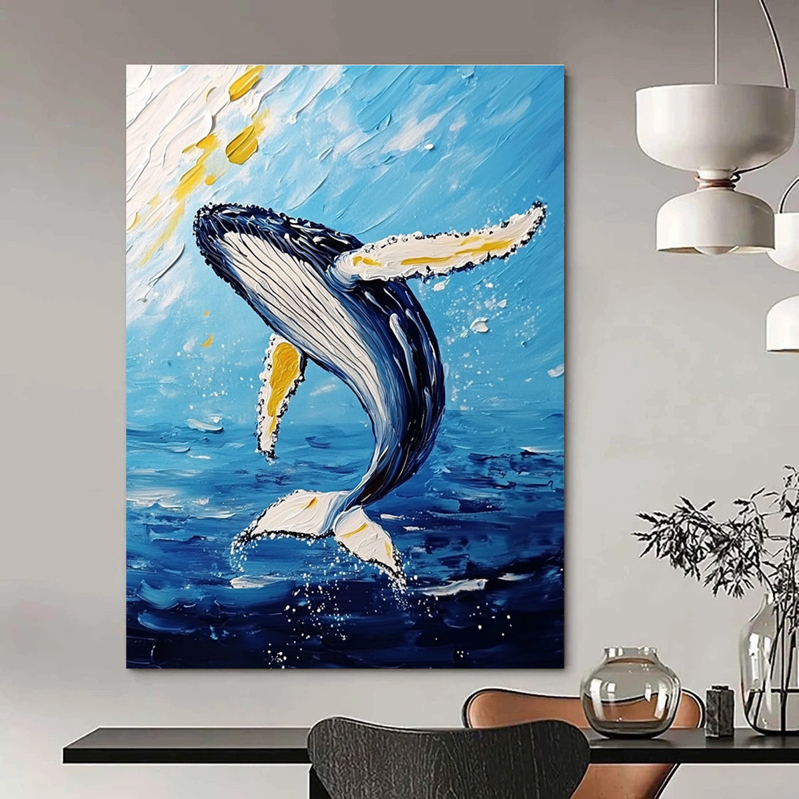Large abstract painting featuring a majestic humpback whale mid-air with vibrant white and yellow brushstrokes against a light sky-blue and dark gold background.STSC1231