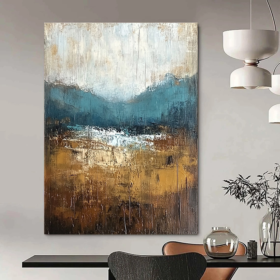 Large abstract painting with textured layers in earthy tones capturing nature's beauty and soft atmospheric lighting on canvas.STSC093