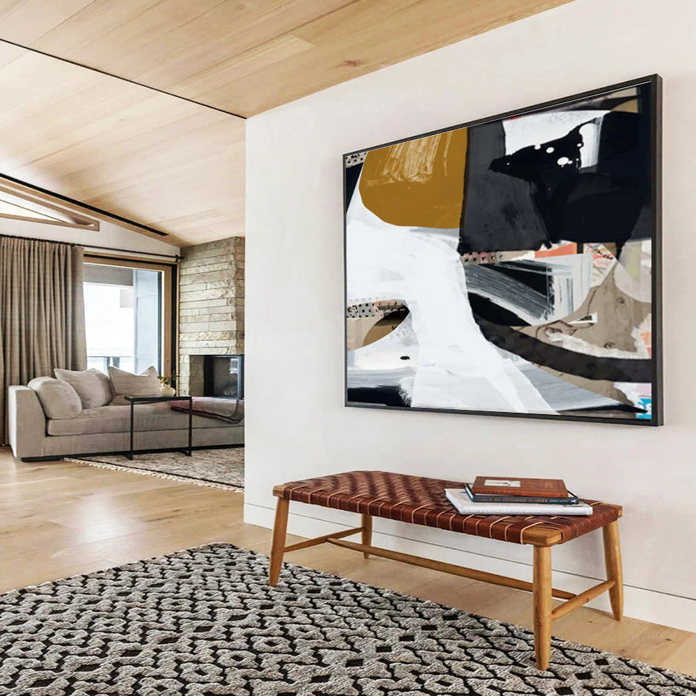 Collage - style Abstract Painting with Black White and Brown THY127