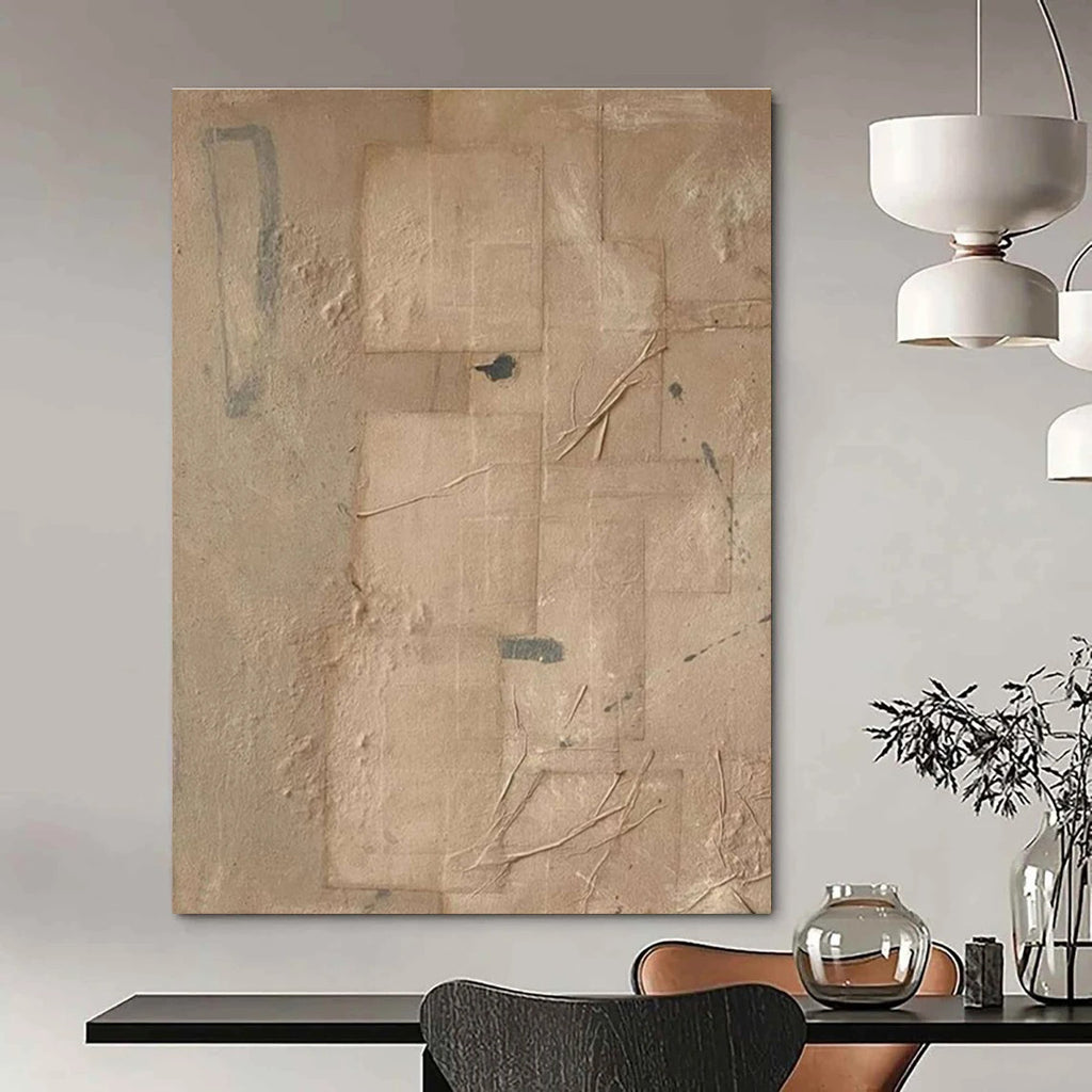 Beige Geometric Abstract Painting with Added Elements ADGE336