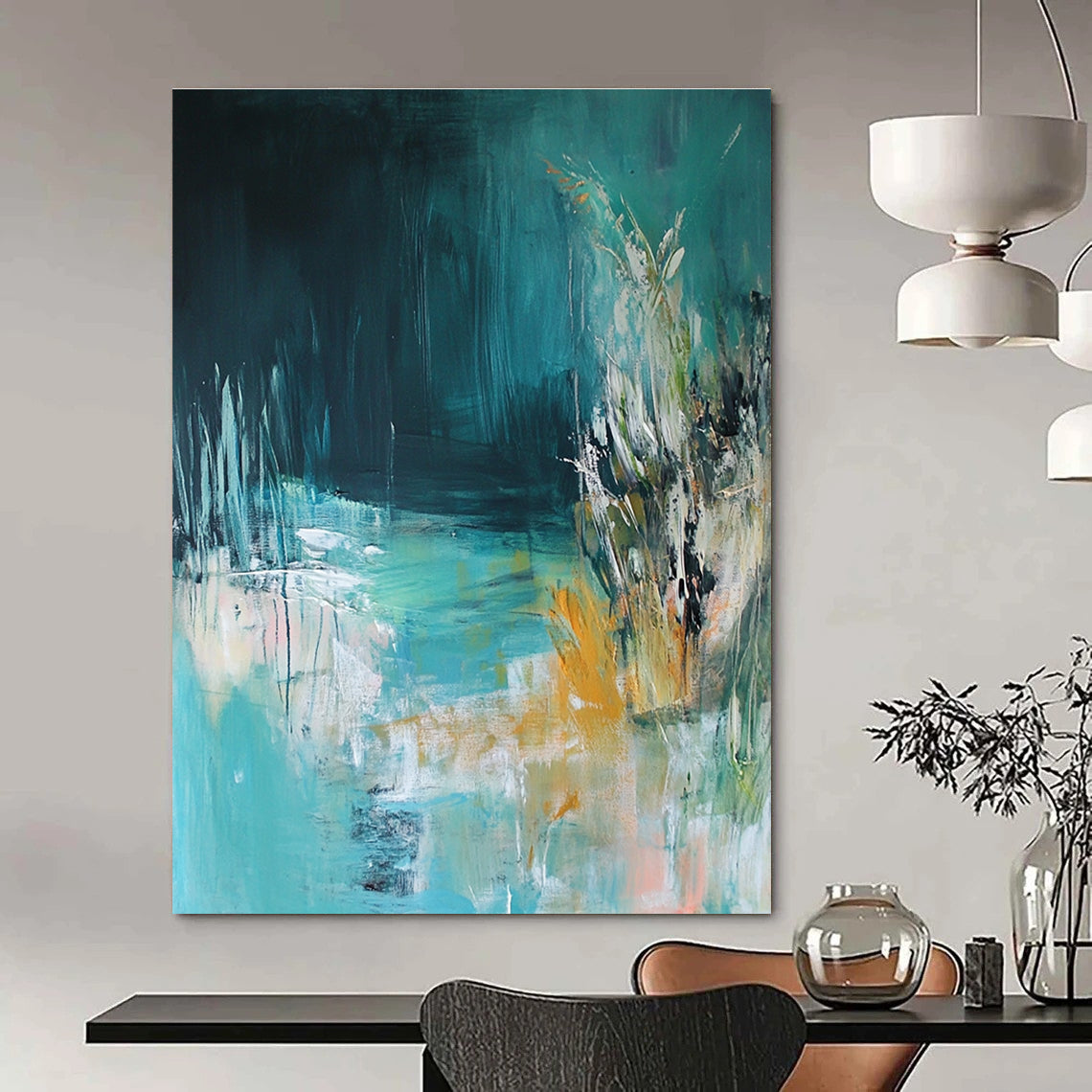 Large abstract painting of an underwater scene featuring light blue and green tones inspired by the style of Kathryn Statsny.STSC275