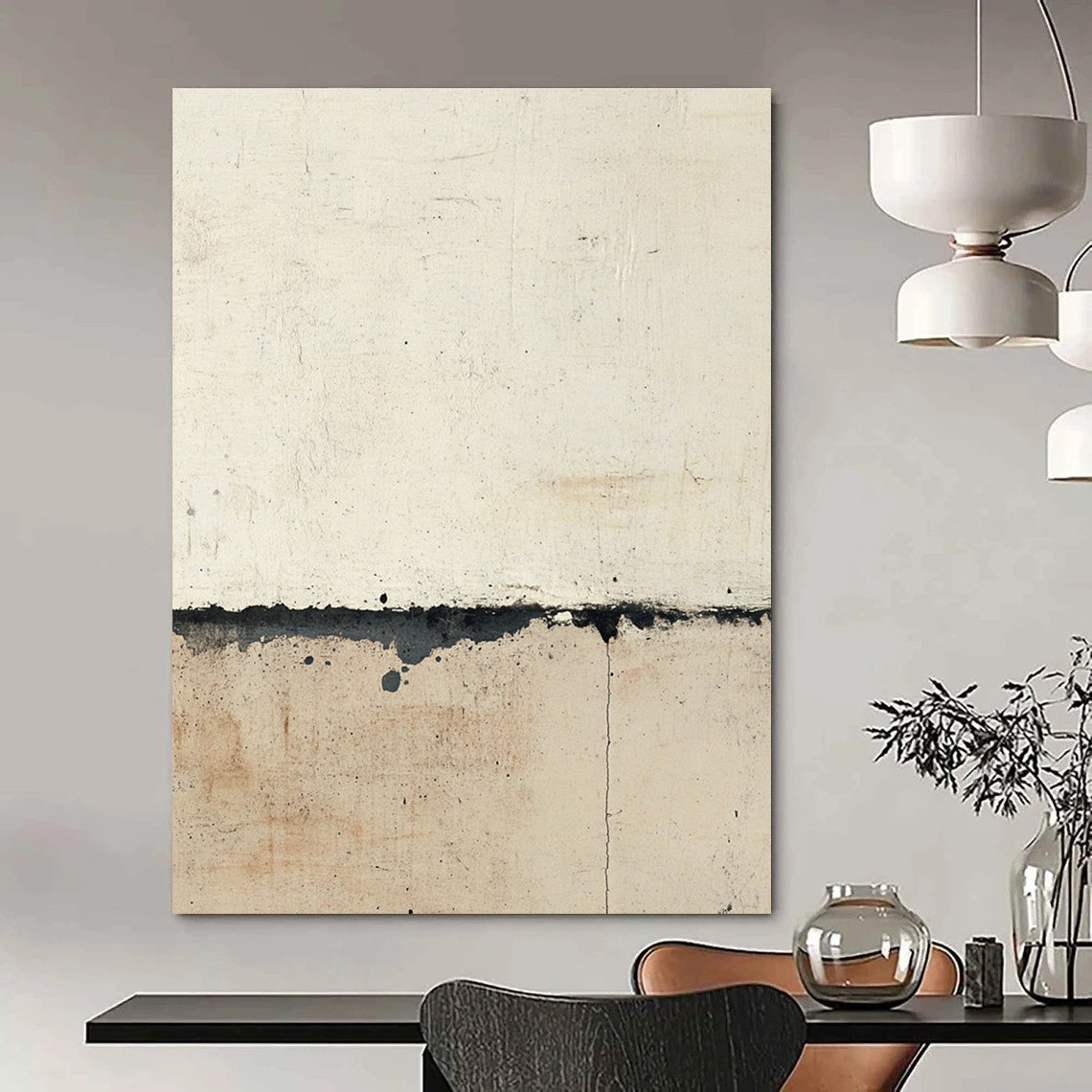 Large abstract painting depicting the transition between concrete and sand with soft edges and subtle tones in a Rothko-inspired style.STSC701