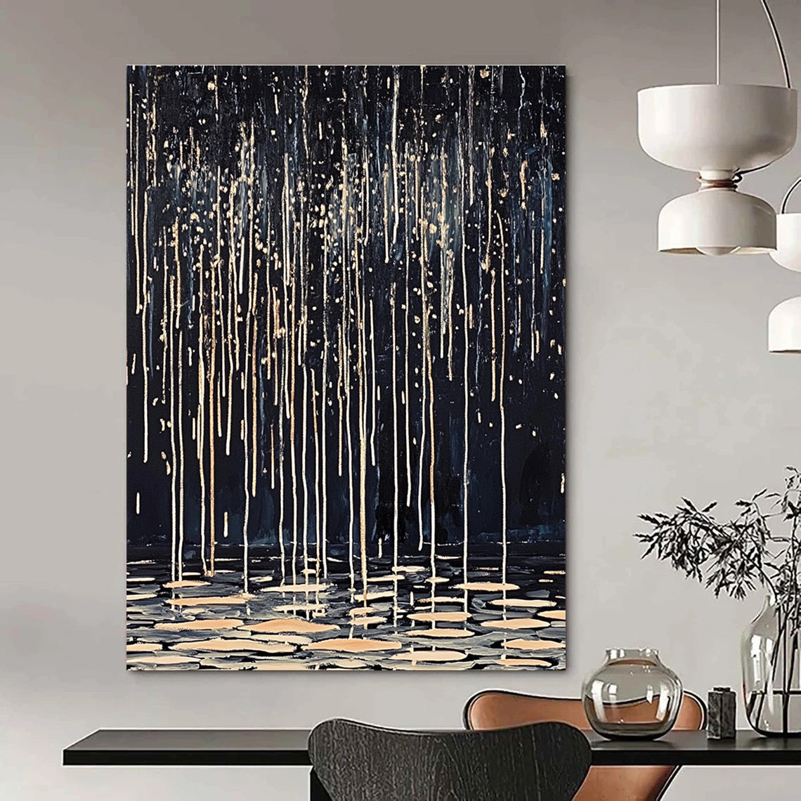 Abstract painting of dark rain with white and beige lines drips on water ripples using oil on canvas showcasing delicate textures and high-definition details.STSC1124