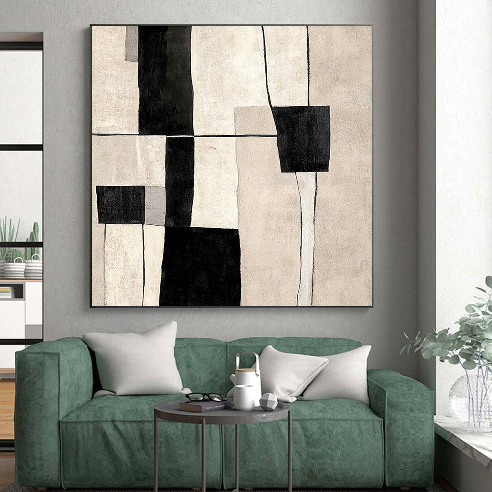 Black White Geometric Blocks Abstract Painting GER862