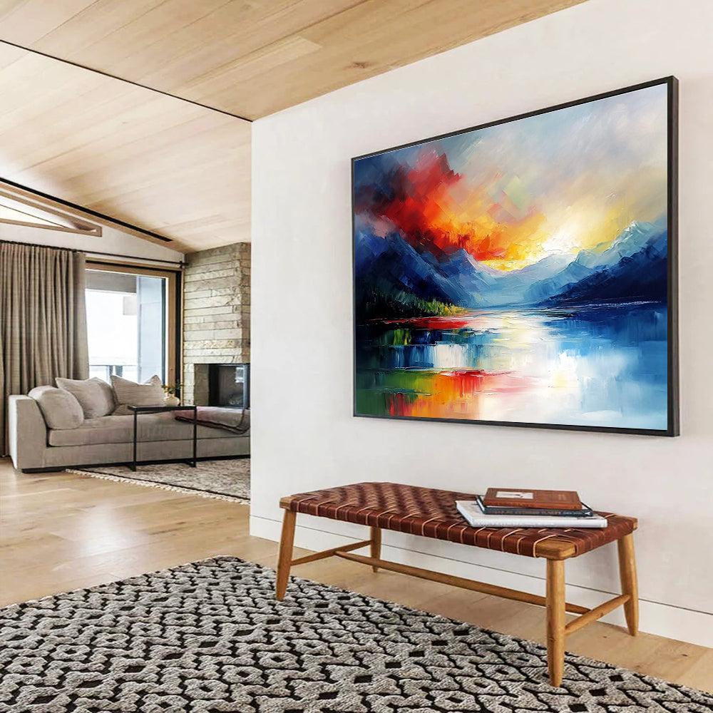 Dynamic Mountain Sunset Abstract Painting with Bright Reds Yellows and Blues DYP237