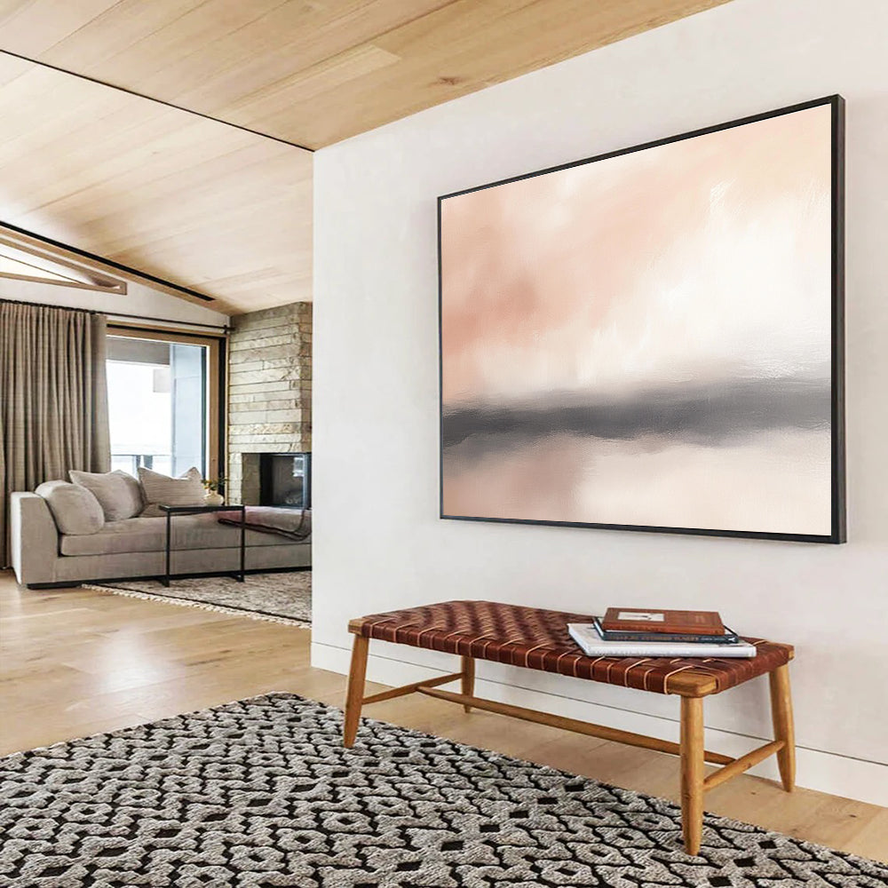 Large abstract painting of the horizon featuring soft pinks whites and hints of gray with blurry clouds for a serene atmosphere.SC360