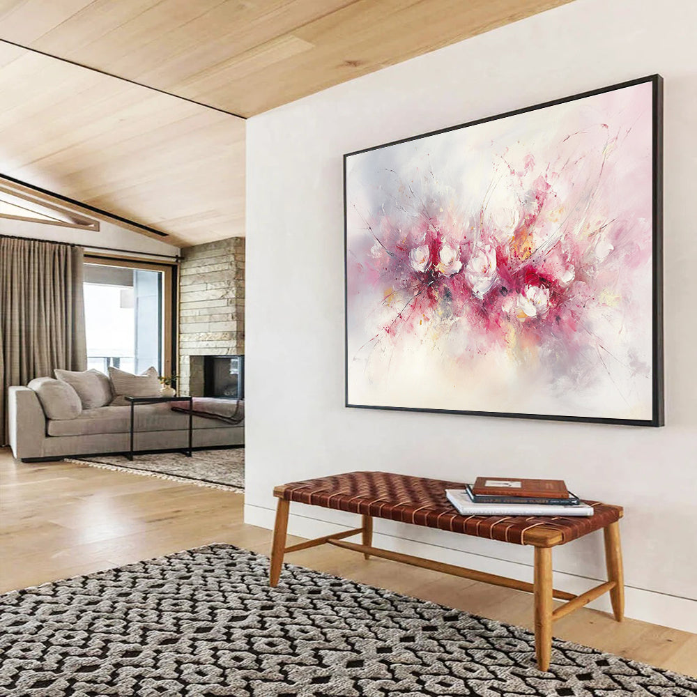 Large abstract painting of flowers in soft pink and white hues featuring bold brush strokes and delicate textures against a light background.SC191