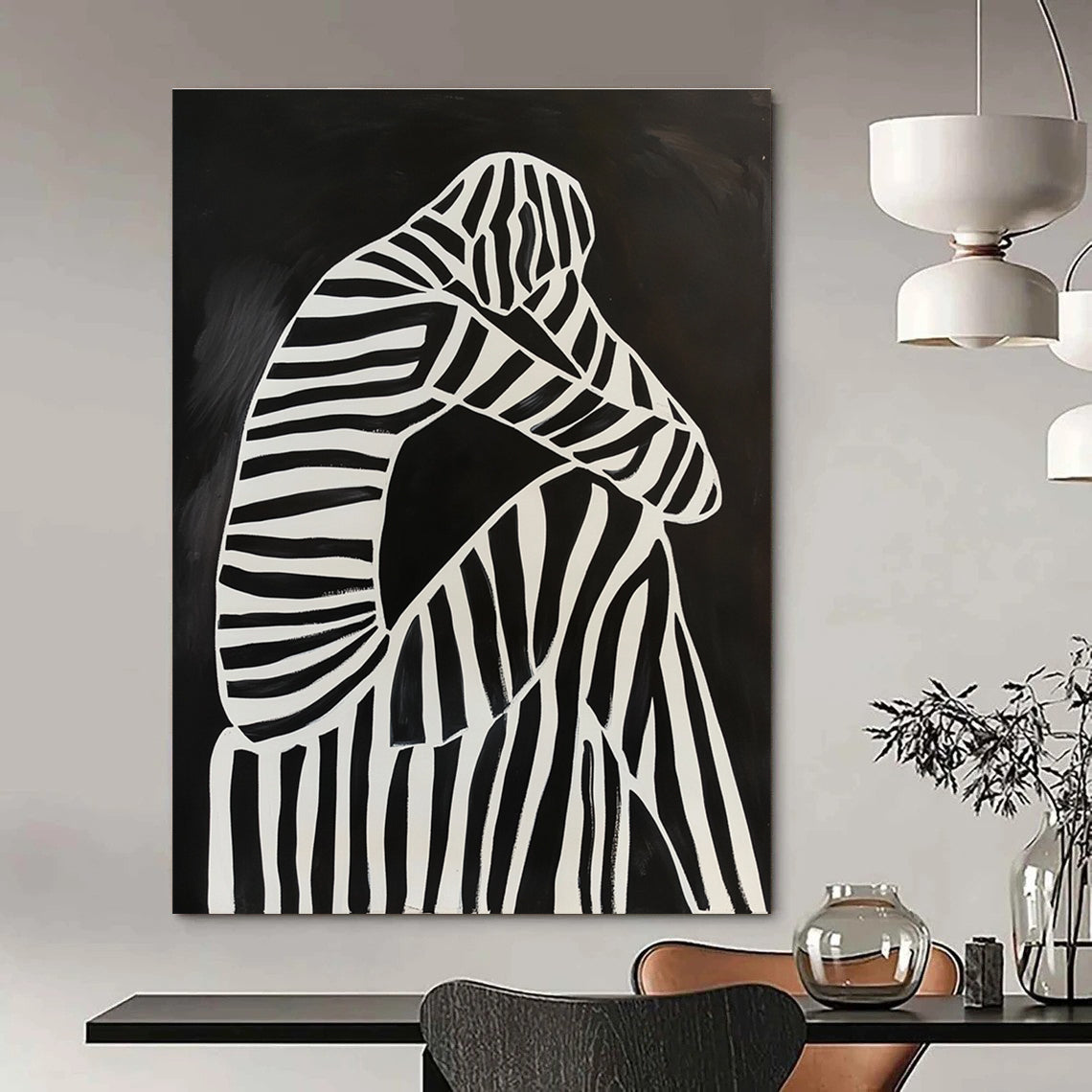 Abstract painting of a black and white figure on a striped chair featuring minimalistic lines and high contrast in a dark background.STSC1111