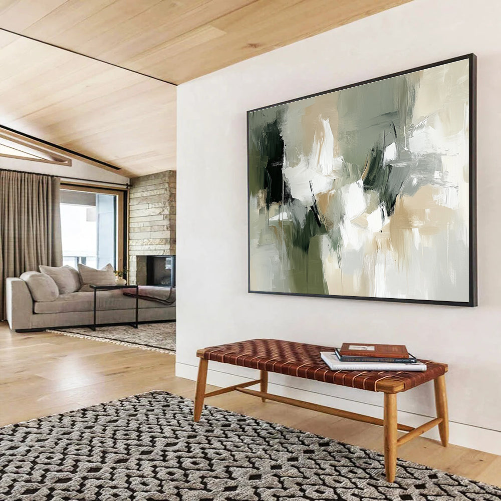 Large abstract painting in white, beige, and green with organic brush strokes and shapes, evoking a naturalistic style.SC219