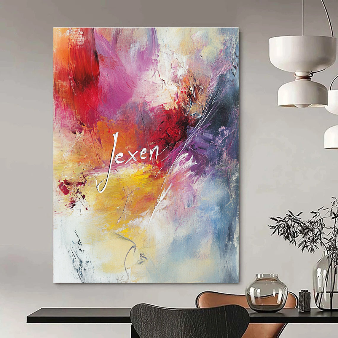 Large abstract painting with pastel colors featuring the word Jexen in elegant script surrounded by swirling patterns evoking tranquility and creativity.STSC802