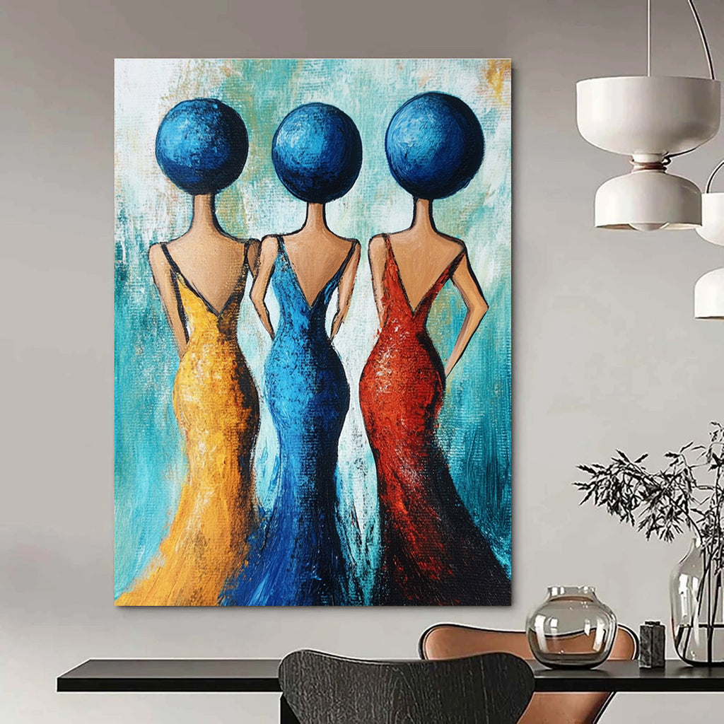 Large abstract acrylic painting featuring three women in evening dresses adorned with blue spheres against a turquoise background in full-body view.STSC005