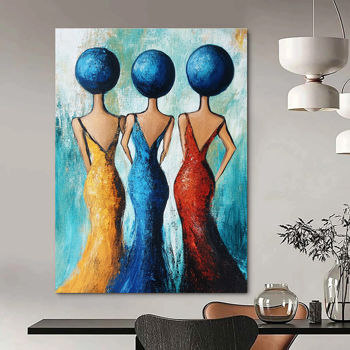 Large abstract acrylic painting featuring three women in evening dresses adorned with blue spheres against a turquoise background in full-body view.STSC005