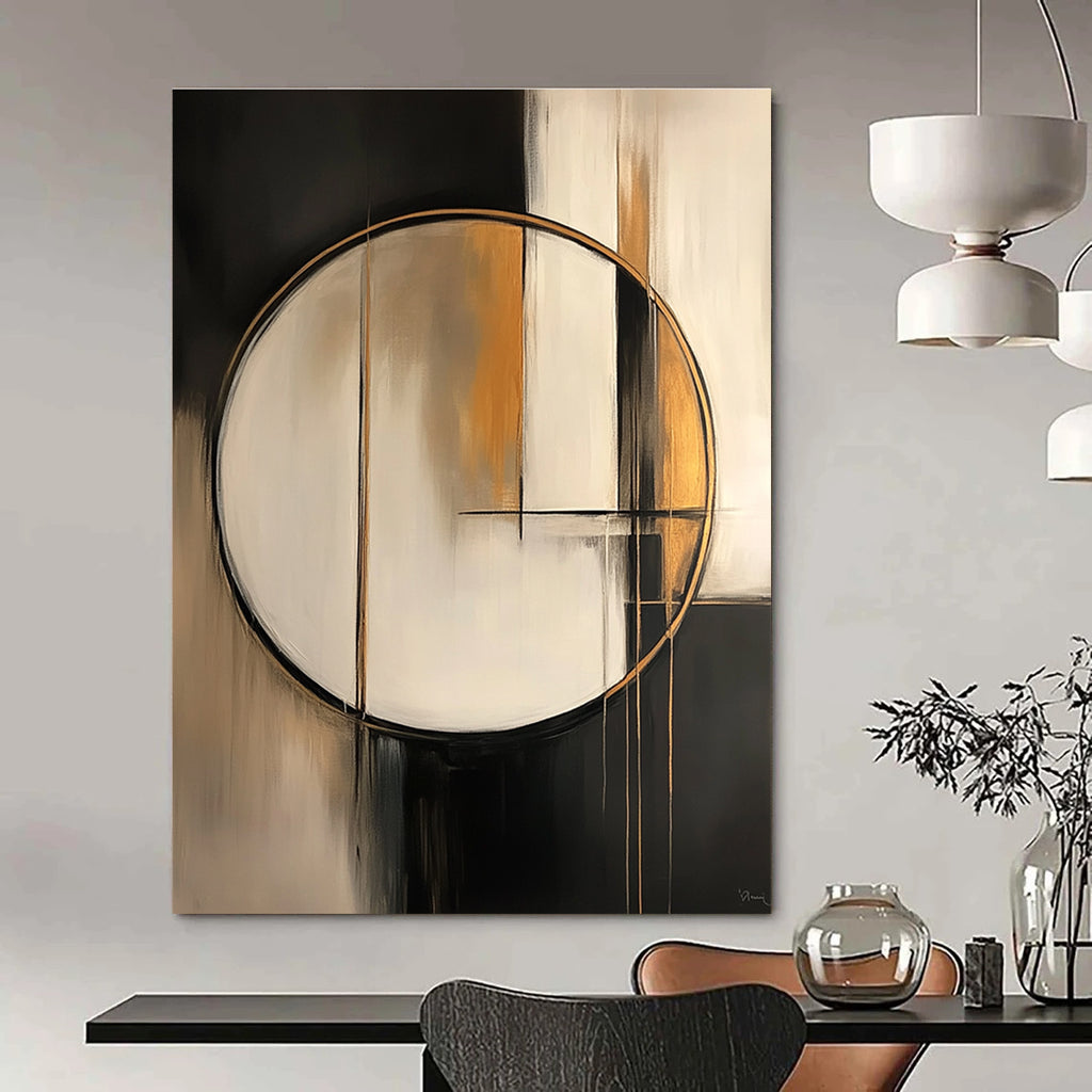 Large abstract painting featuring a white circle with gold lines set against an abstract geometric background in soft black grey and beige tones.STSC209