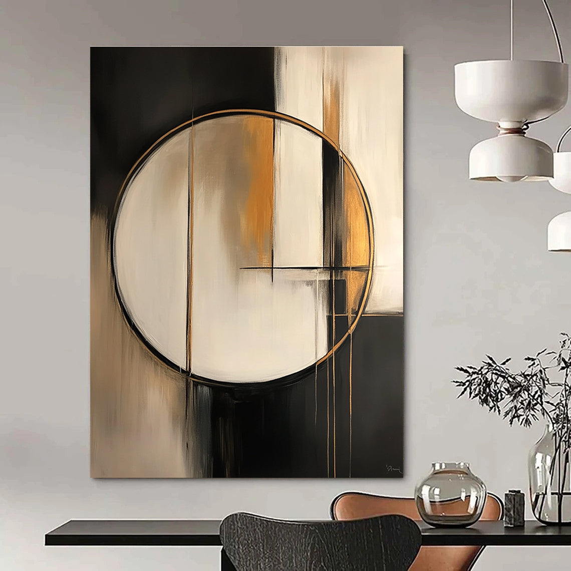 Large abstract painting featuring a white circle with gold lines set against an abstract geometric background in soft black grey and beige tones.STSC209