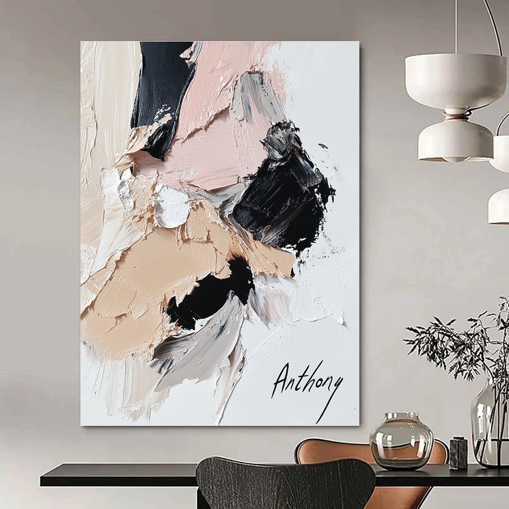 Large abstract painting featuring an anthropomorphic cat in black and beige with pink accents thick impasto style on white background.STSC257