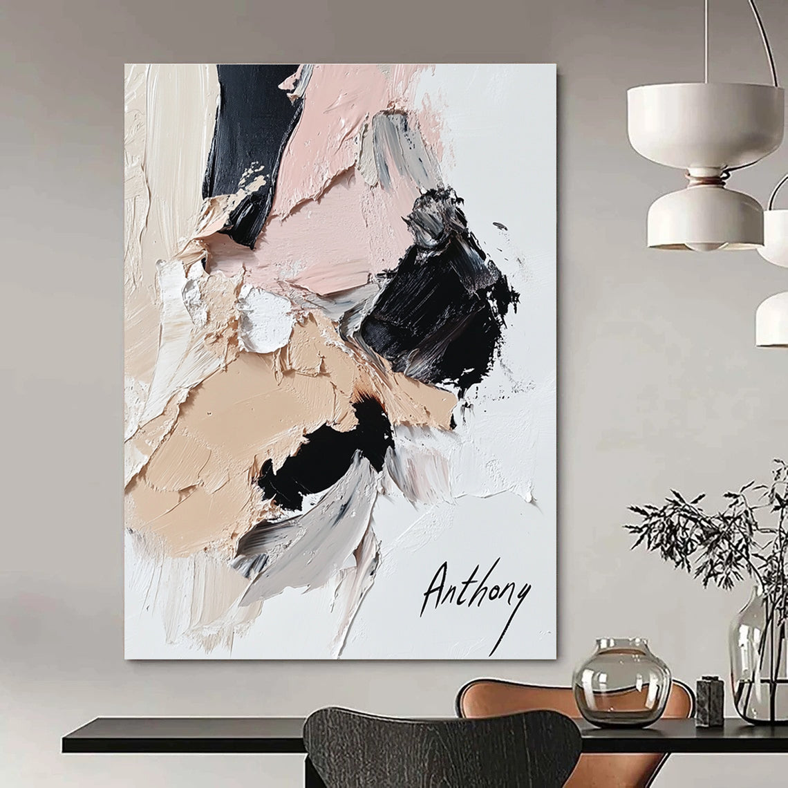 Large abstract painting featuring an anthropomorphic cat in black and beige with pink accents thick impasto style on white background.STSC257
