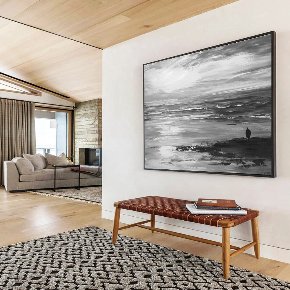 Large abstract painting of the ocean horizon and sky in gray tones with visible brush strokes on canvas.SC015