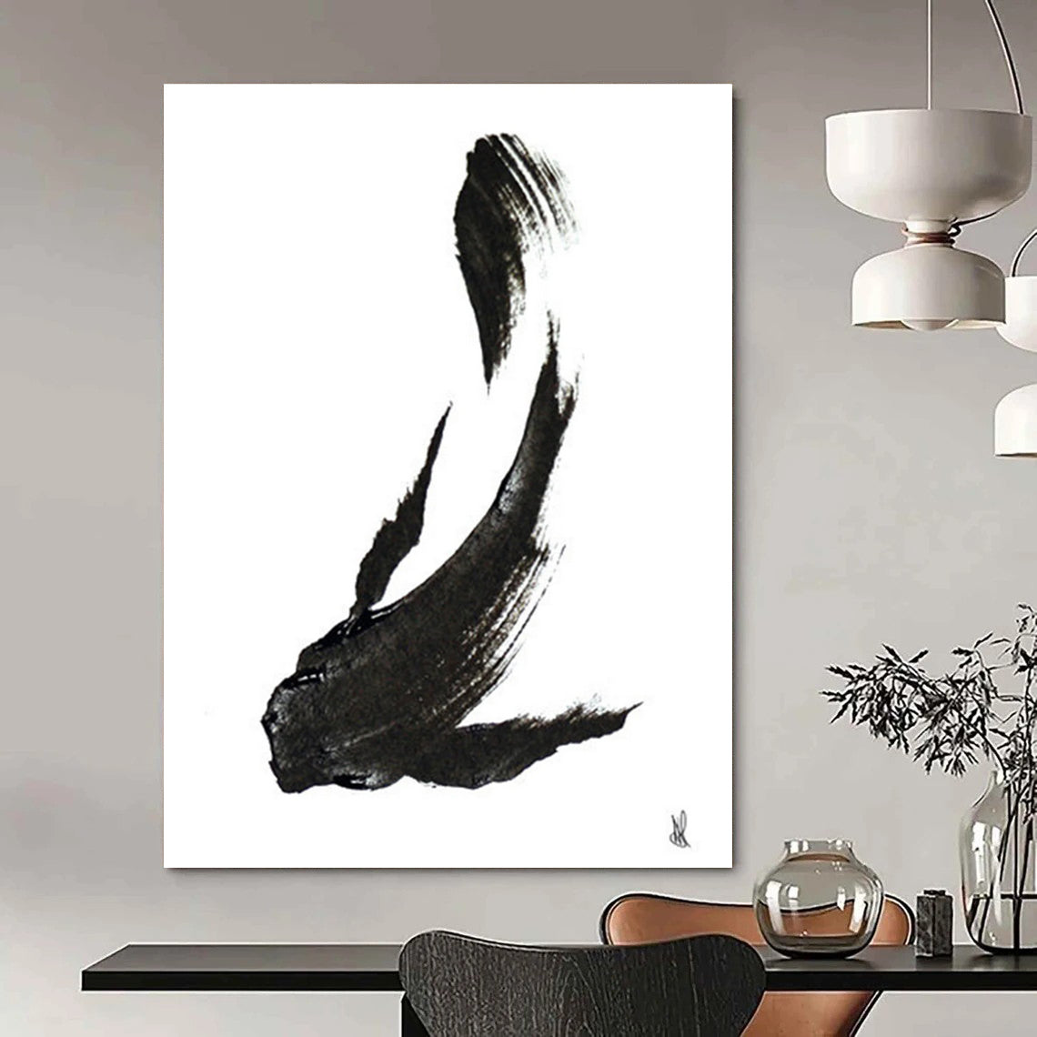 Black Ink Minimalist Fish Abstract Painting ADGE181