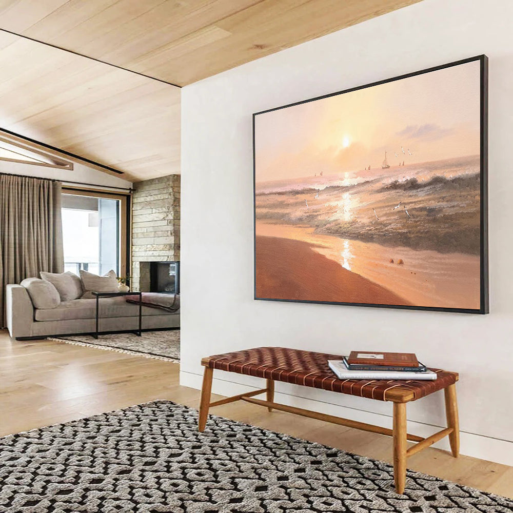 Warm Seaside Sunset Abstract Painting with Golden Hues THY266